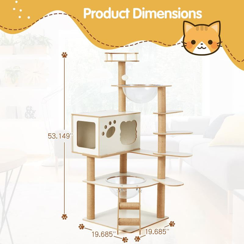 Erommy 53-Inch Tall Cat Tree Tower for Short-Legged Cats & Kitten, Multi-Level Condo with Small Ladder, Cat’S Nest, 2 Hammocks,13 Scratching Posts, Tower with 2 Clear Bowl, Toys & Perch (Natural Color) Pet Supplies Paw