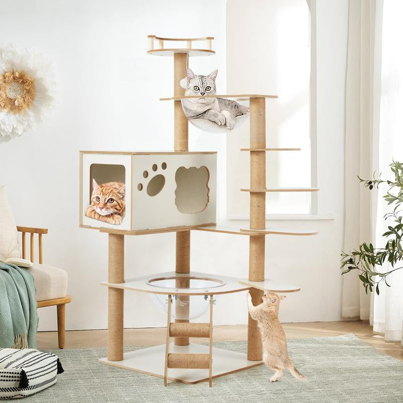 Erommy 53-Inch Tall Cat Tree Tower for Short-Legged Cats & Kitten, Multi-Level Condo with Small Ladder, Cat’S Nest, 2 Hammocks,13 Scratching Posts, Tower with 2 Clear Bowl, Toys & Perch (Natural Color) Pet Supplies Paw
