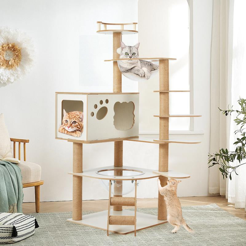 Erommy 53-Inch Tall Cat Tree Tower for Short-Legged Cats & Kitten, Multi-Level Condo with Small Ladder, Cat’S Nest, 2 Hammocks,13 Scratching Posts, Tower with 2 Clear Bowl, Toys & Perch (Natural Color) Pet Supplies Paw