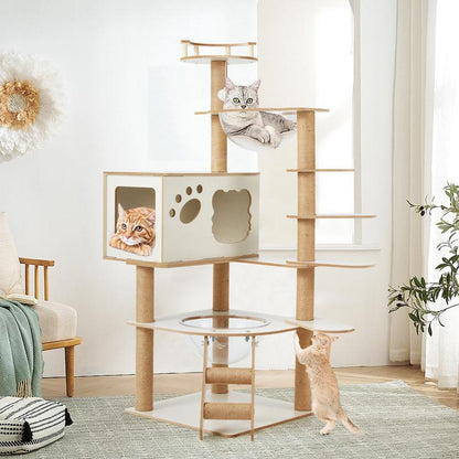 Erommy 53-Inch Tall Cat Tree Tower for Short-Legged Cats & Kitten, Multi-Level Condo with Small Ladder, Cat’S Nest, 2 Hammocks,13 Scratching Posts, Tower with 2 Clear Bowl, Toys & Perch (Natural Color) Pet Supplies Paw