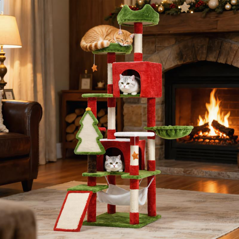 Yitahome Christmas Cat Tree with Cat Teaser Toy, Cat Tower for Indoor Cats with Cat House, Christmas Tree Design with Plush Ball for Cats