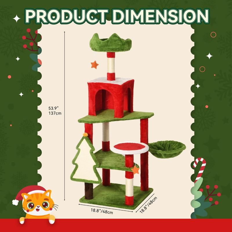 Yitahome Christmas Cat Tree with Cat Teaser Toy, Cat Tower for Indoor Cats with Cat House, Christmas Tree Design with Plush Ball for Cats