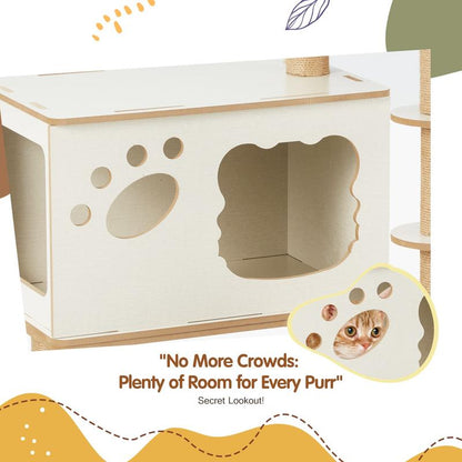 Erommy 53-Inch Tall Cat Tree Tower for Short-Legged Cats & Kitten, Multi-Level Condo with Small Ladder, Cat’S Nest, 2 Hammocks,13 Scratching Posts, Tower with 2 Clear Bowl, Toys & Perch (Natural Color) Pet Supplies Paw