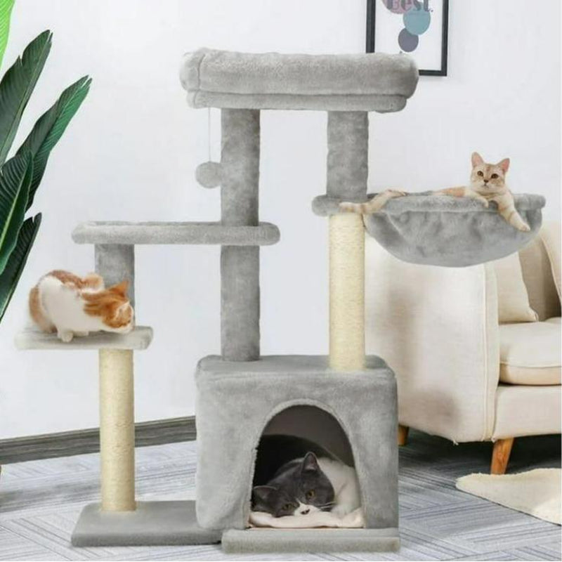 Erommy 53-Inch Tall Cat Tree Tower for Short-Legged Cats & Kitten, Multi-Level Condo with Small Ladder, Cat’S Nest, 2 Hammocks,13 Scratching Posts, Tower with 2 Clear Bowl, Toys & Perch (Natural Color) Pet Supplies Paw