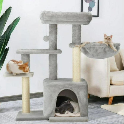 Erommy 53-Inch Tall Cat Tree Tower for Short-Legged Cats & Kitten, Multi-Level Condo with Small Ladder, Cat’S Nest, 2 Hammocks,13 Scratching Posts, Tower with 2 Clear Bowl, Toys & Perch (Natural Color) Pet Supplies Paw