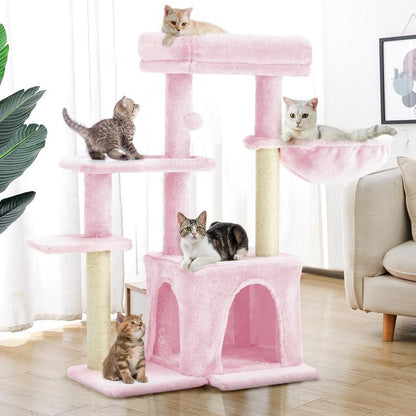 Erommy 53-Inch Tall Cat Tree Tower for Short-Legged Cats & Kitten, Multi-Level Condo with Small Ladder, Cat’S Nest, 2 Hammocks,13 Scratching Posts, Tower with 2 Clear Bowl, Toys & Perch (Natural Color) Pet Supplies Paw