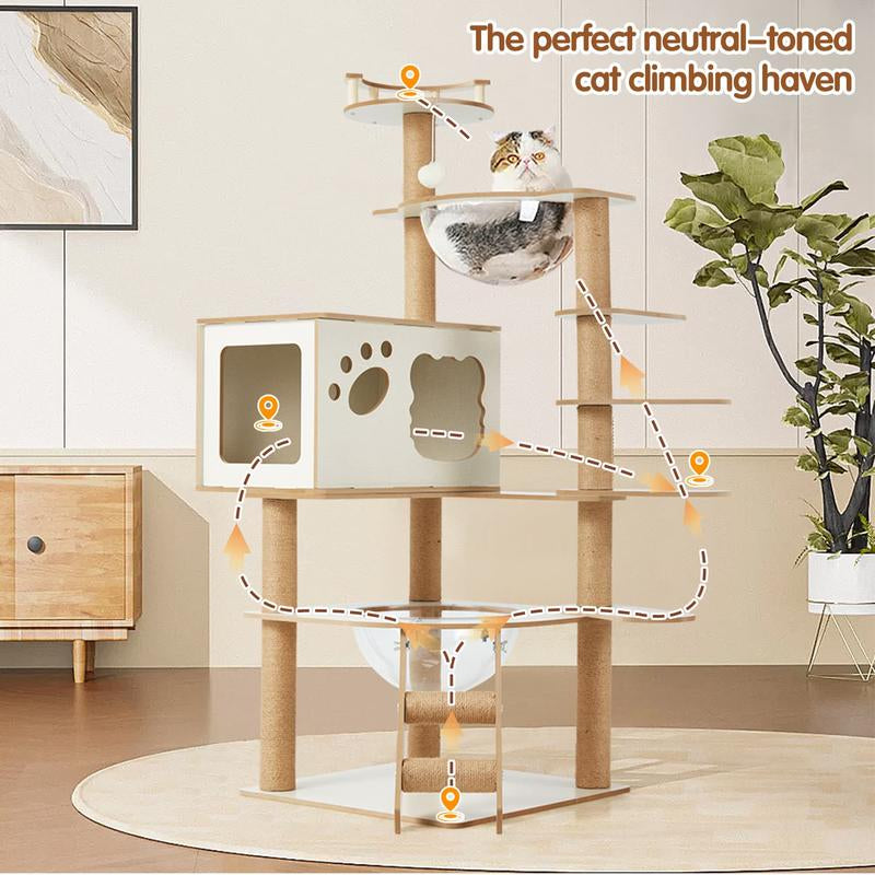 Erommy 53-Inch Tall Cat Tree Tower for Short-Legged Cats & Kitten, Multi-Level Condo with Small Ladder, Cat’S Nest, 2 Hammocks,13 Scratching Posts, Tower with 2 Clear Bowl, Toys & Perch (Natural Color) Pet Supplies Paw