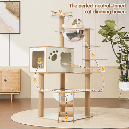 Erommy 53-Inch Tall Cat Tree Tower for Short-Legged Cats & Kitten, Multi-Level Condo with Small Ladder, Cat’S Nest, 2 Hammocks,13 Scratching Posts, Tower with 2 Clear Bowl, Toys & Perch (Natural Color) Pet Supplies Paw