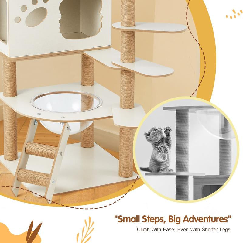 Erommy 53-Inch Tall Cat Tree Tower for Short-Legged Cats & Kitten, Multi-Level Condo with Small Ladder, Cat’S Nest, 2 Hammocks,13 Scratching Posts, Tower with 2 Clear Bowl, Toys & Perch (Natural Color) Pet Supplies Paw