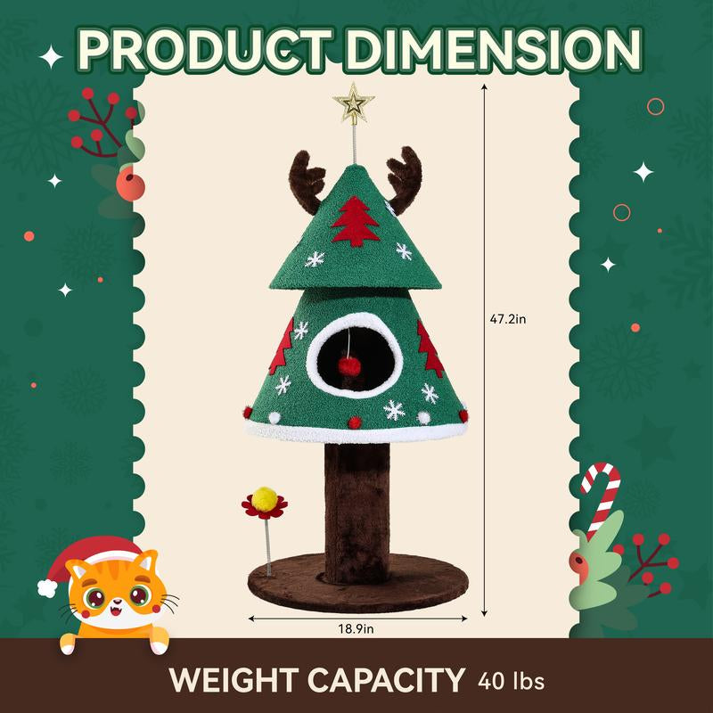 Yitahome Christmas Cat Tree with Cat Teaser Toy, Cat Tower for Indoor Cats with Cat House, Christmas Tree Design with Plush Ball for Cats