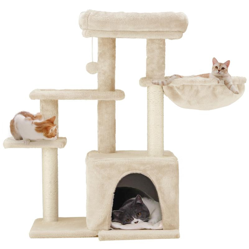 Erommy 53-Inch Tall Cat Tree Tower for Short-Legged Cats & Kitten, Multi-Level Condo with Small Ladder, Cat’S Nest, 2 Hammocks,13 Scratching Posts, Tower with 2 Clear Bowl, Toys & Perch (Natural Color) Pet Supplies Paw