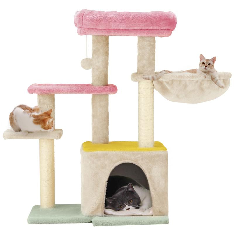 Erommy 53-Inch Tall Cat Tree Tower for Short-Legged Cats & Kitten, Multi-Level Condo with Small Ladder, Cat’S Nest, 2 Hammocks,13 Scratching Posts, Tower with 2 Clear Bowl, Toys & Perch (Natural Color) Pet Supplies Paw