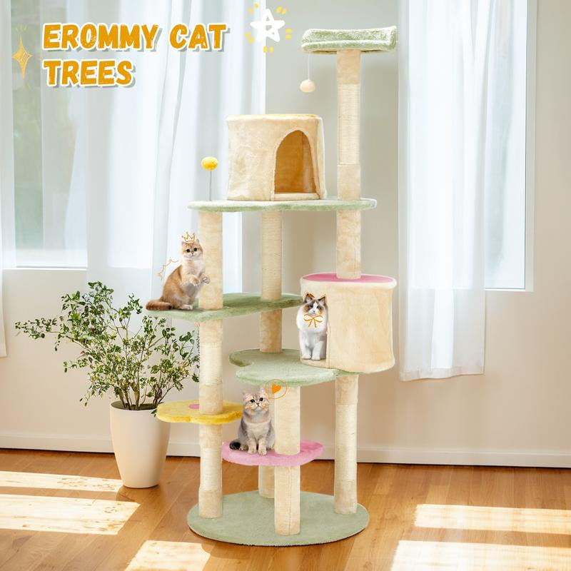 Erommy 53-Inch Tall Cat Tree Tower for Short-Legged Cats & Kitten, Multi-Level Condo with Small Ladder, Cat’S Nest, 2 Hammocks,13 Scratching Posts, Tower with 2 Clear Bowl, Toys & Perch (Natural Color) Pet Supplies Paw