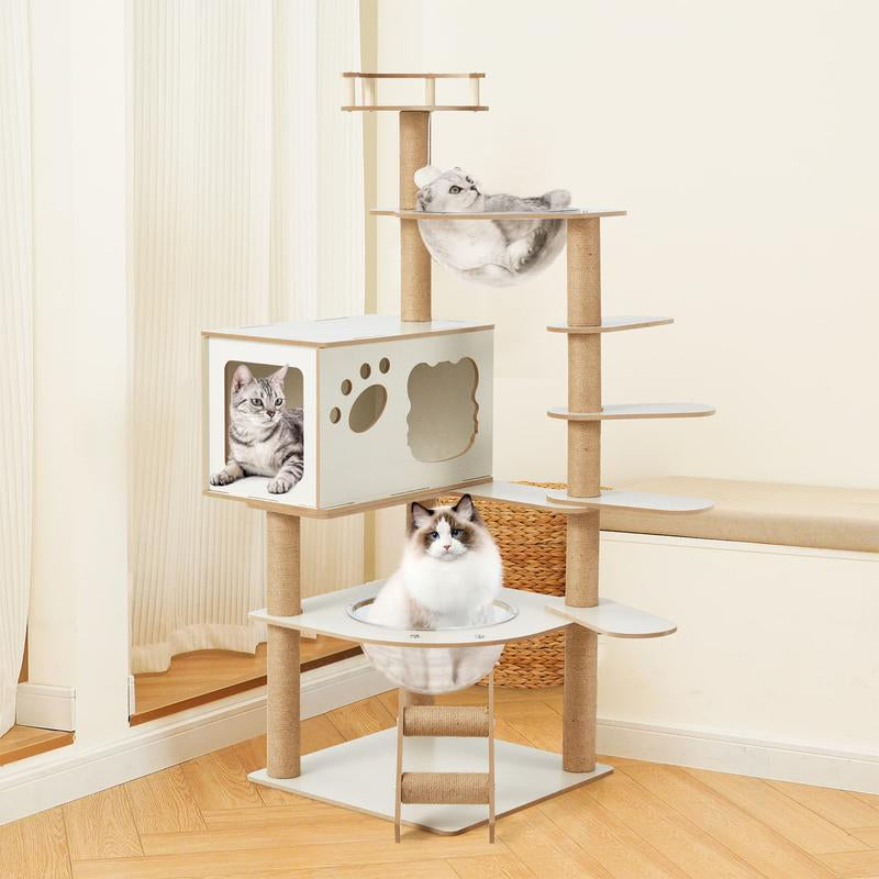 Erommy 53-Inch Tall Cat Tree Tower for Short-Legged Cats & Kitten, Multi-Level Condo with Small Ladder, Cat’S Nest, 2 Hammocks,13 Scratching Posts, Tower with 2 Clear Bowl, Toys & Perch (Natural Color) Pet Supplies Paw